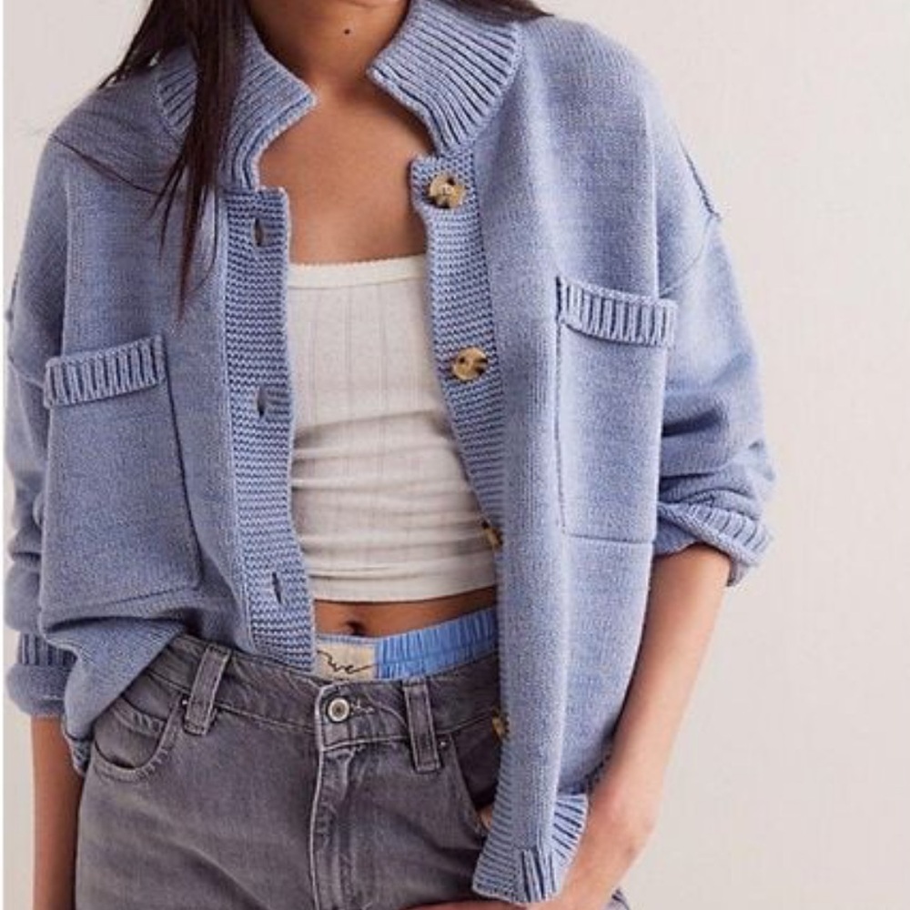 Free People We the Free on the Isle Light Blue Button-Up Cardigan